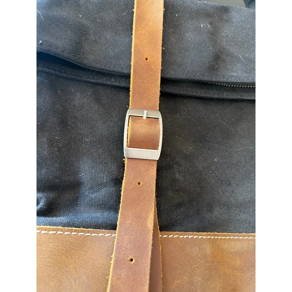 Black Canvas and Brown Leather Rolltop Backpack Rucksack Adjustable Straps