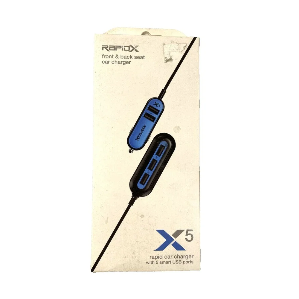 NEW rapidX front to back seat 5 smart USB ports car charger 5 FT cord X5 BLUE