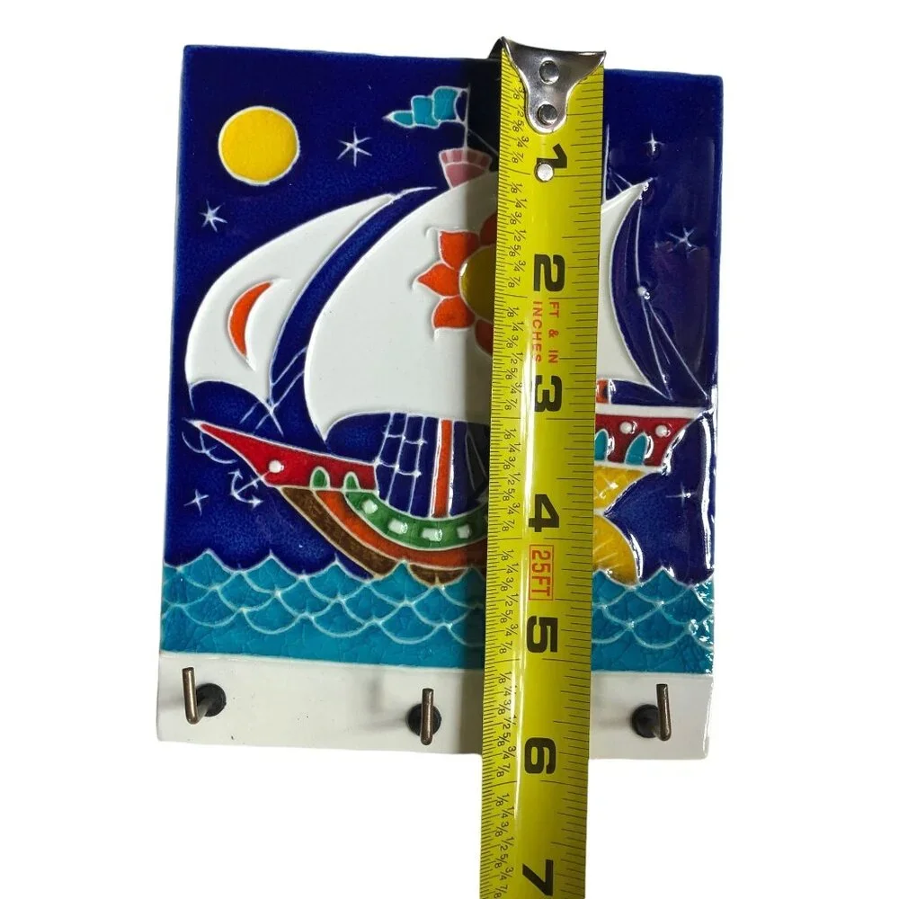 Vintage Luciano Saken Creazioni Italy Ceramic Key Holder Wall Tile Sailing Ship