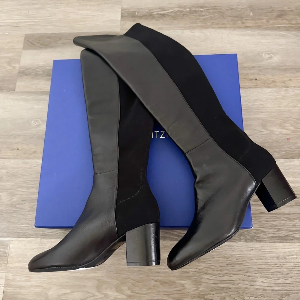 NEW Stuart Weitzman Black Leather Stretch Back Gillian 60 OTK Boots US 6
