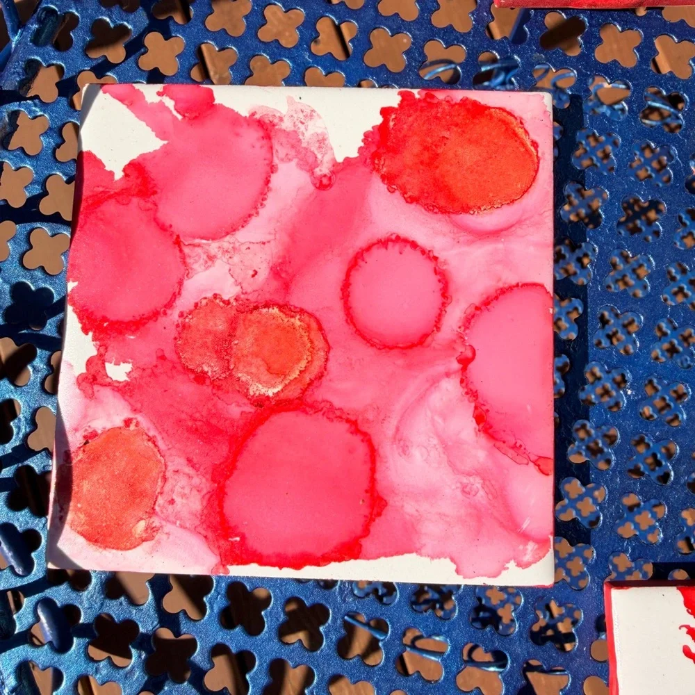 Red Alcohol Ink Coasters Set of 4, Abstract Ceramic Tile Decor