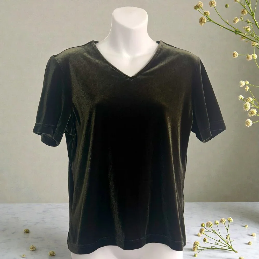Y2K Kathie Lee Olive Green Velvet V-Neck Top | M