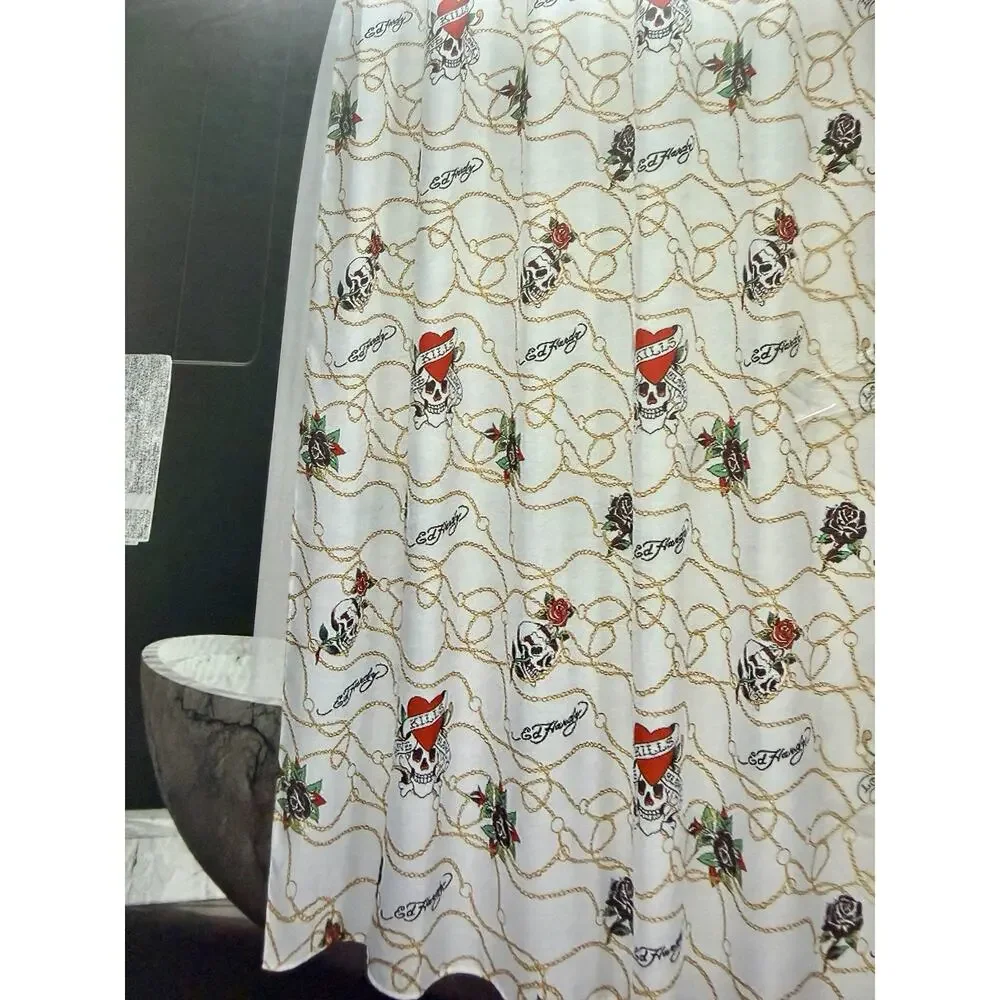 Ed Hardy Bathroom Shower Curtain Set Black Skull & Heart Tattoo Print Artwork