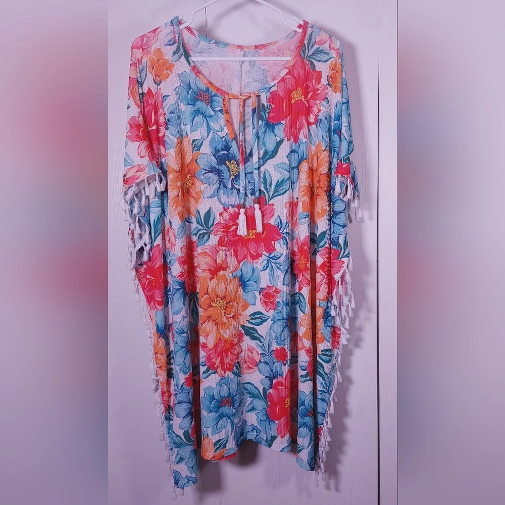 Swimsuit Coverup Fringe Floral Tassels Tropical Beach Resort Pool One Size Color