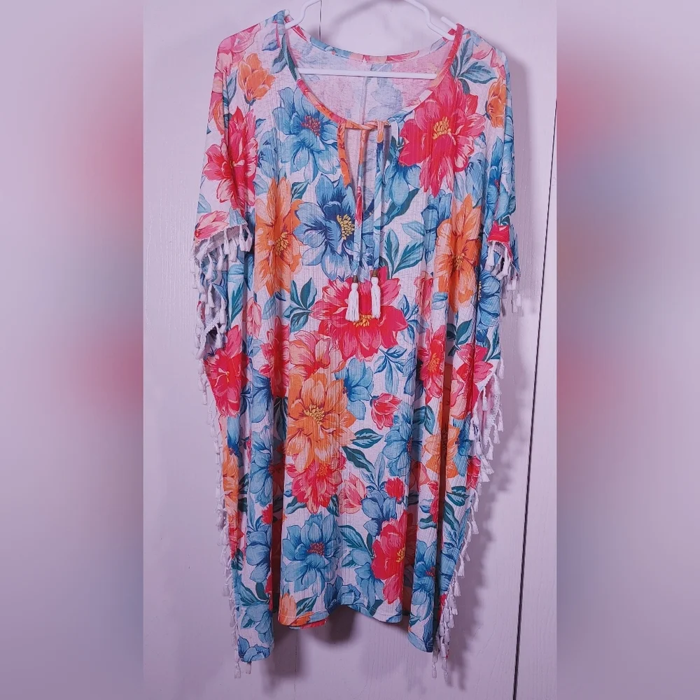 Swimsuit Coverup Fringe Floral Tassels Tropical Beach Resort Pool One Size Color