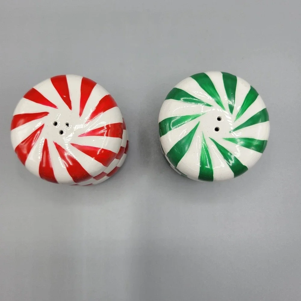 Vintage Ceramic Figis Red & Green Peppermint Candy Swirl Salt & Pepper Shakers