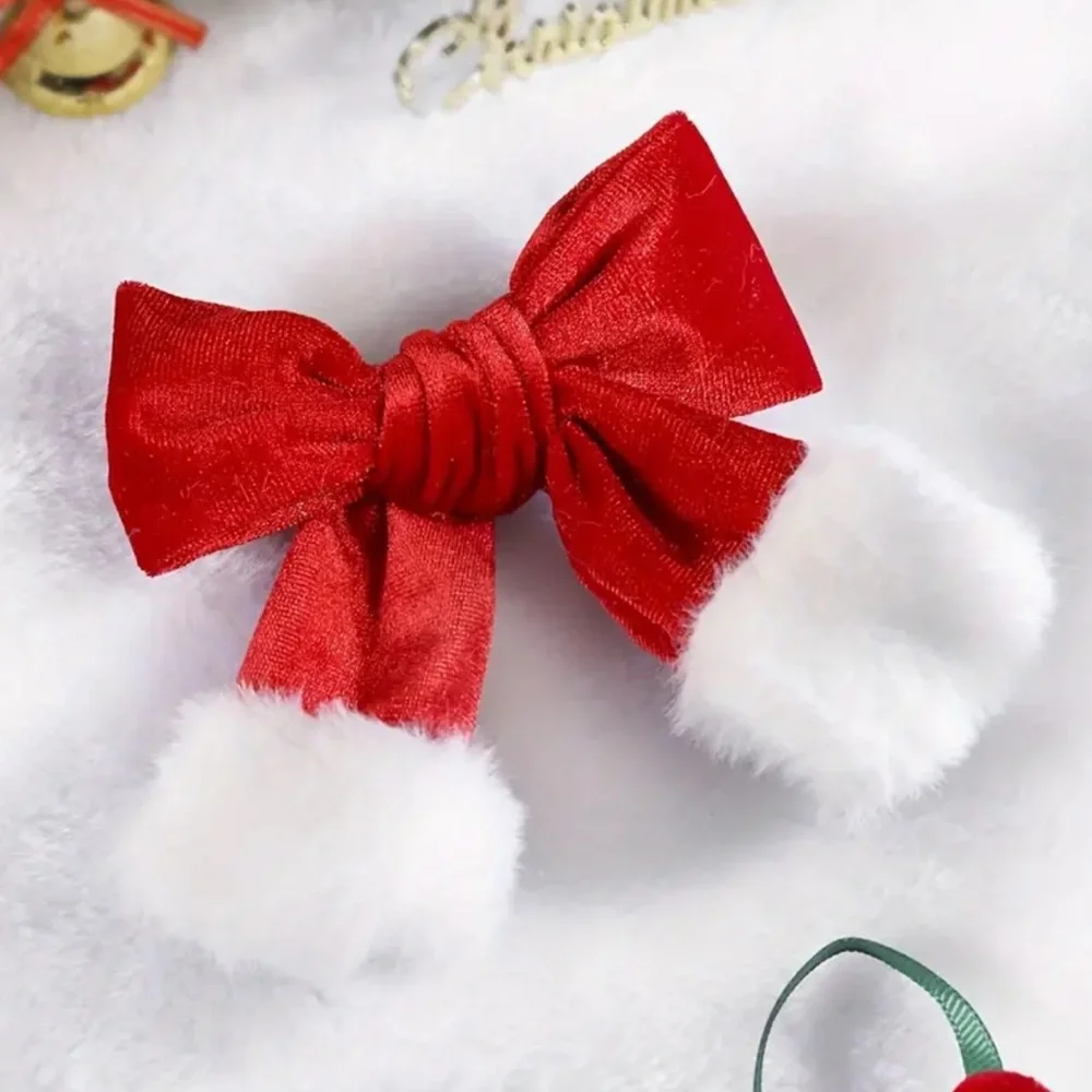 Vintage Plush Christmas Bow Hair Clip - NEW