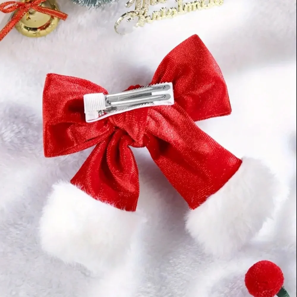 Vintage Plush Christmas Bow Hair Clip - NEW