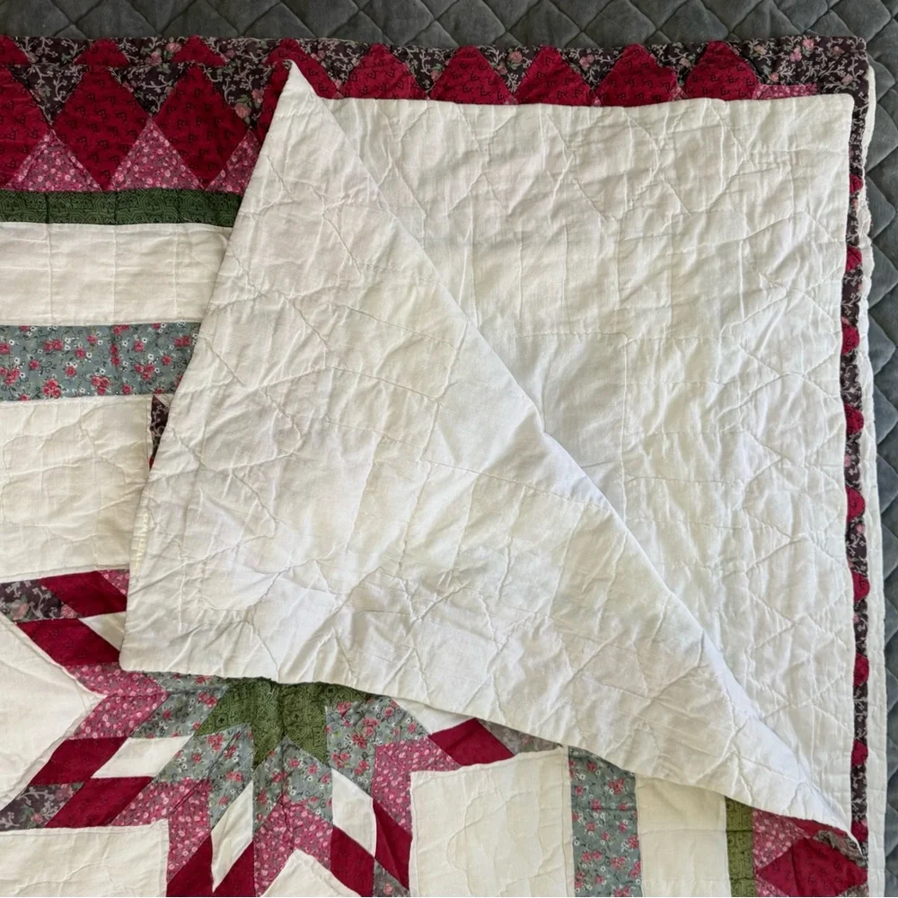 Quilt Patchwork Lone Star Red Green Pink Diamond Border Cottage Vintage Handmade