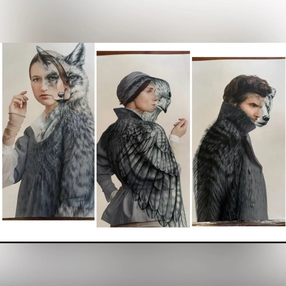 Rare Unique Modern Art Prints - Set of 3 - Women and Man - Fox - Bird - Bear