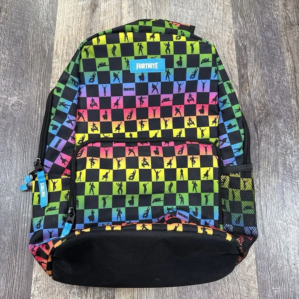 Fortnite Amplify Rainbow‎ Checker Print Children's School Backpack Pockets