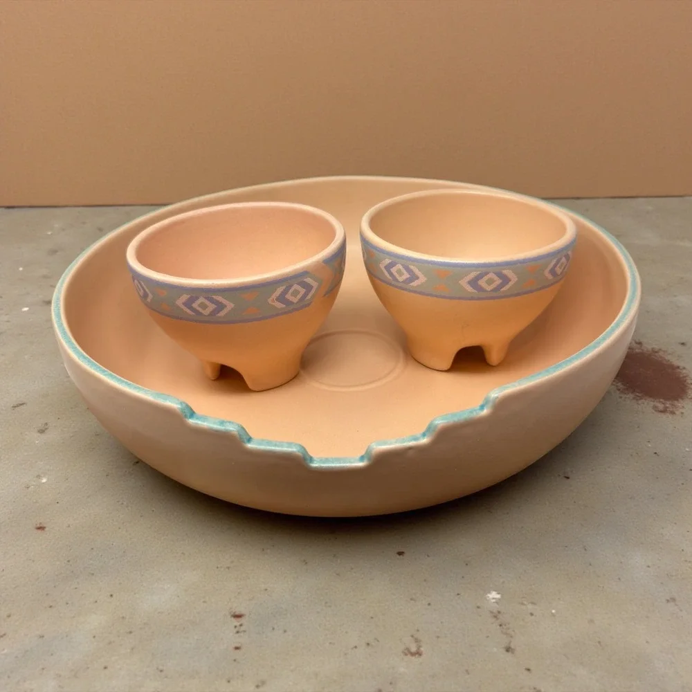 Treasure Craft Southwestern Chip and Dip Set Peach Teal Geometric 3pc Made USA