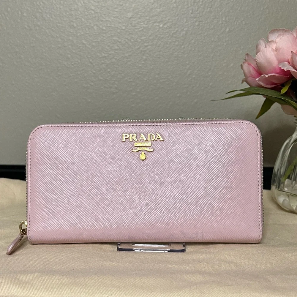 Prada Saffiano Lux Zip-Around Wallet (Light Pink) w/ Gold Logo