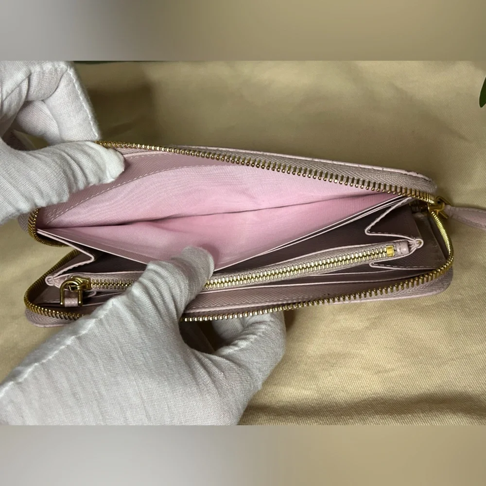 Prada Saffiano Lux Zip-Around Wallet (Light Pink) w/ Gold Logo