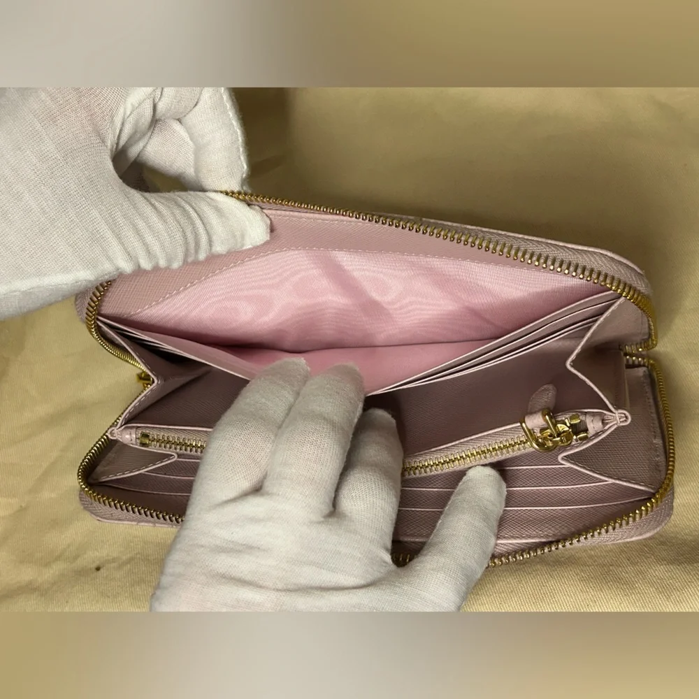 Prada Saffiano Lux Zip-Around Wallet (Light Pink) w/ Gold Logo