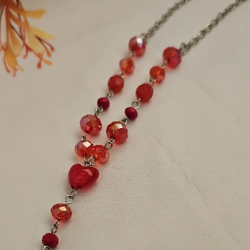 Pier 1 Red Glass Beaded Heart Necklace