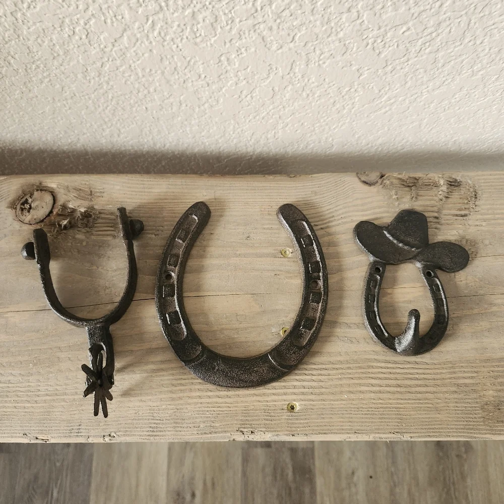 Vintage Lot of 3 Cast Iron Rustic Cowboy Horse Theme Horseshoe Wall Decor