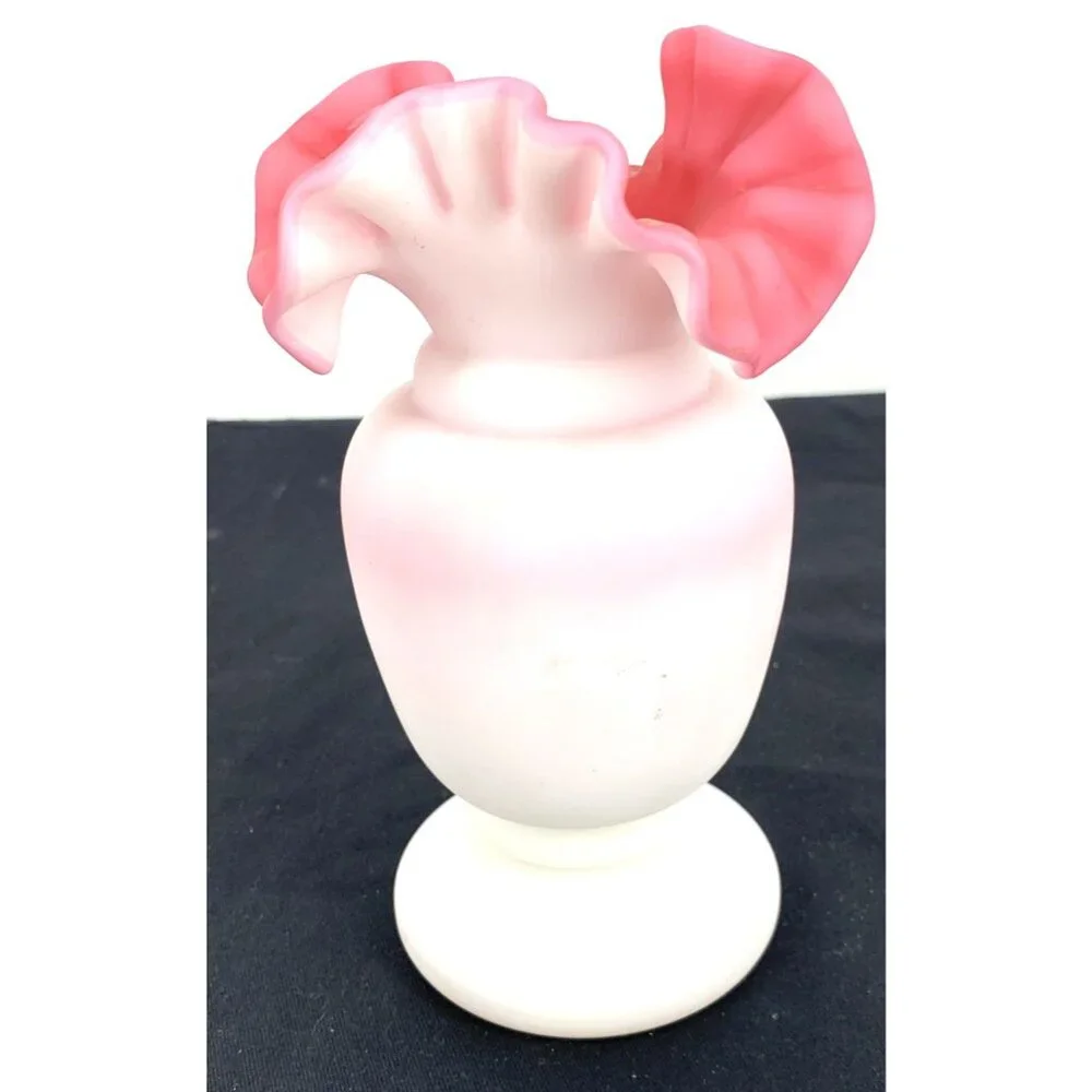 Fenton Vase Satin Glass White Pink Ruffled Edge Melon 7