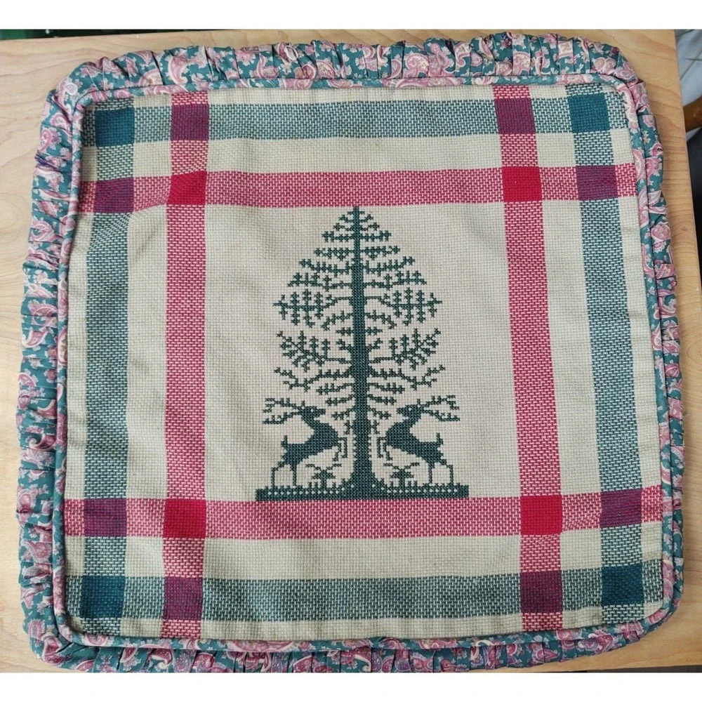 Completed Cross Stitch Tree Deer Ruched Sides Hidden Zipper Piping Pillow 15X15