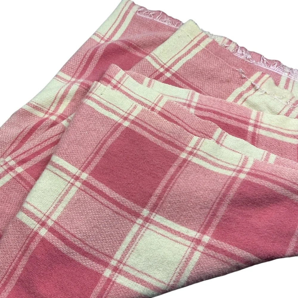 Vintage pink and cream reversible plaid soft wool blanket 72x77