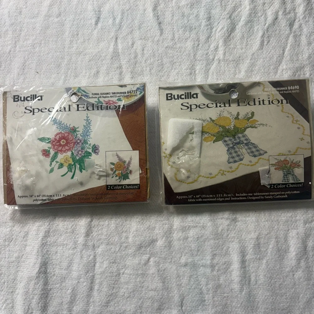 Vintage Bucilla Special Edition stamped needlework table runner kits.