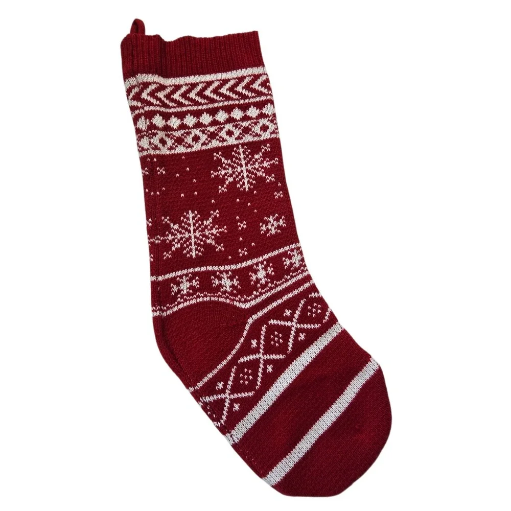 Fair Isle Knitted Christmas Stocking Nordic Snow Red Cream Holiday Christmas