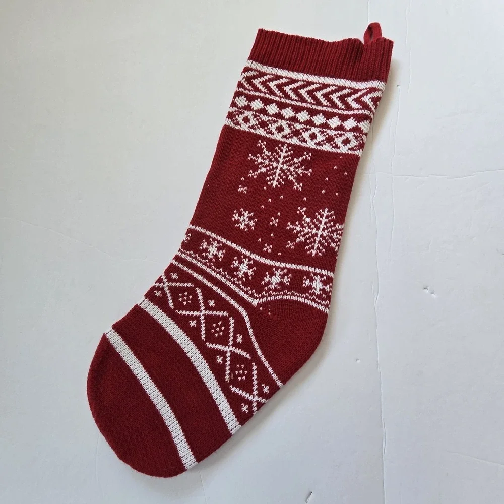 Fair Isle Knitted Christmas Stocking Nordic Snow Red Cream Holiday Christmas