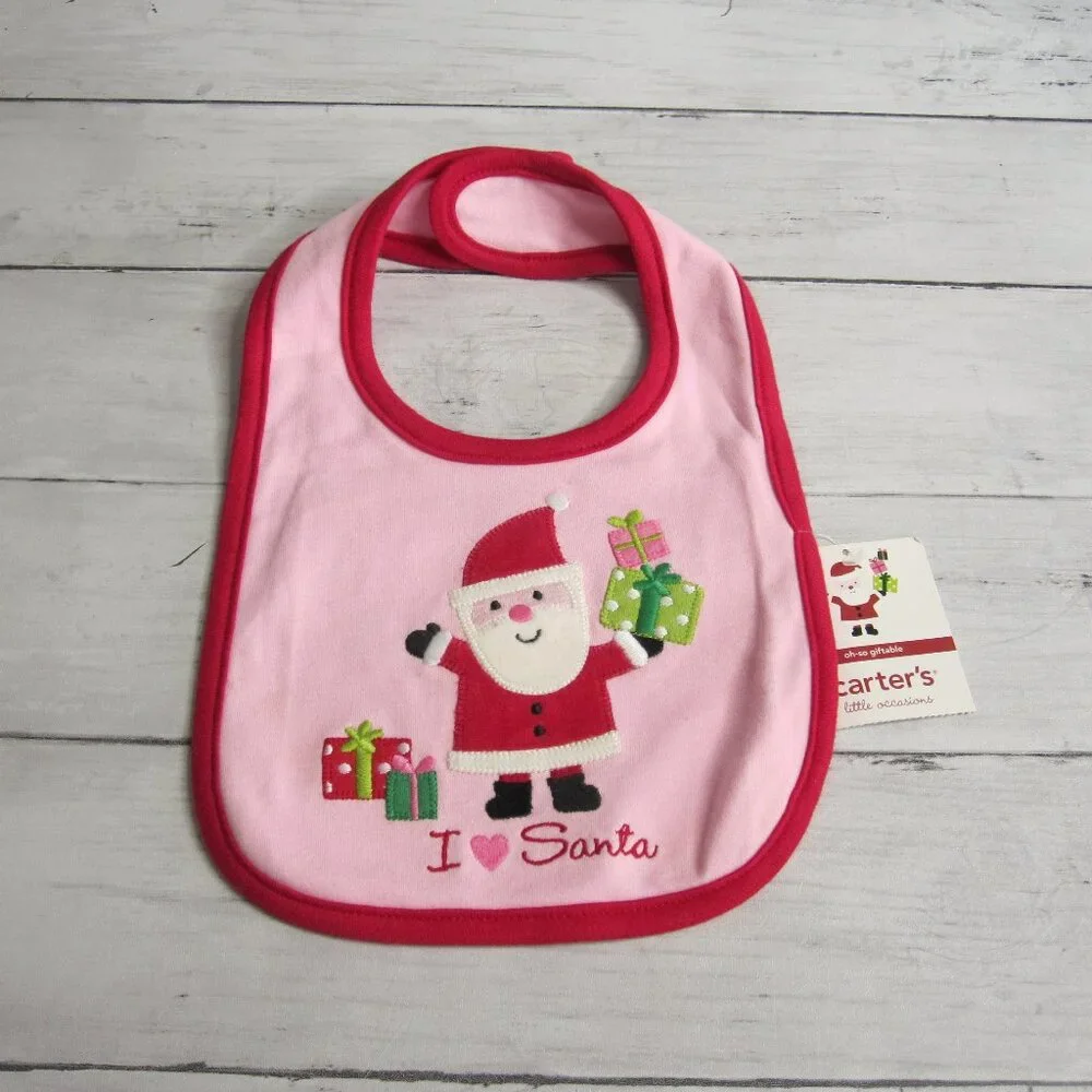 Carter's Baby Girl's Bib One Size Red Pink Christmas I Love Santa