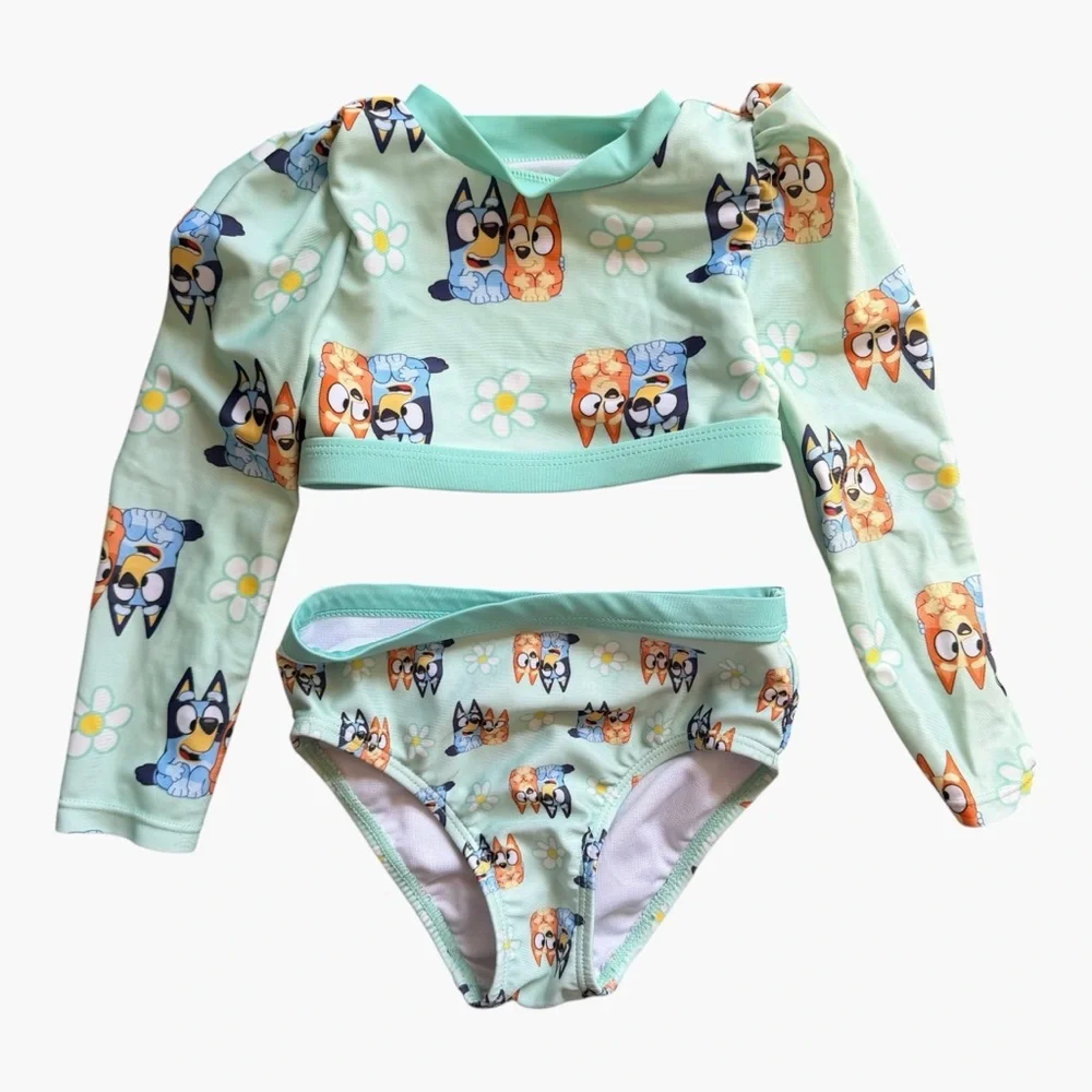 Bluey Toddler 2T Long Sleeve Rash Guard Bikini Set Mint Floral