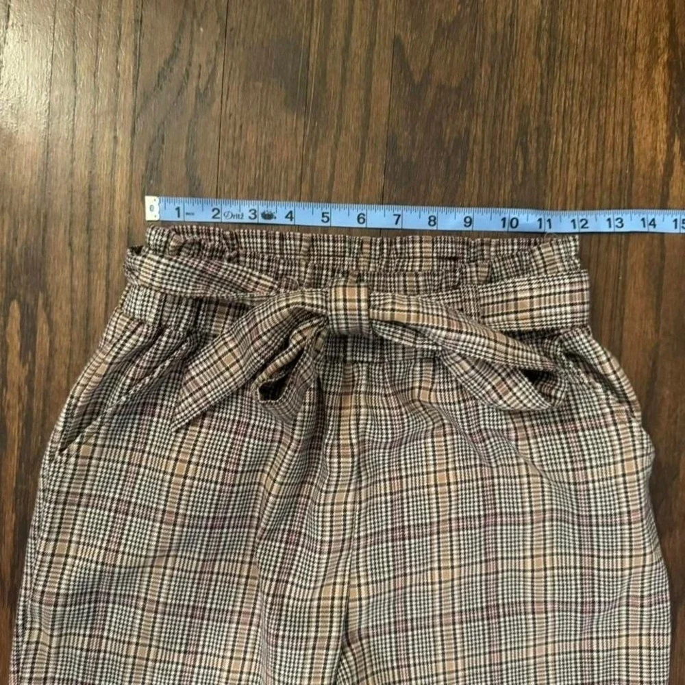 Plaid Work Trousers Black Tan Pink With Tie High-Waisted Size Small Office Prep