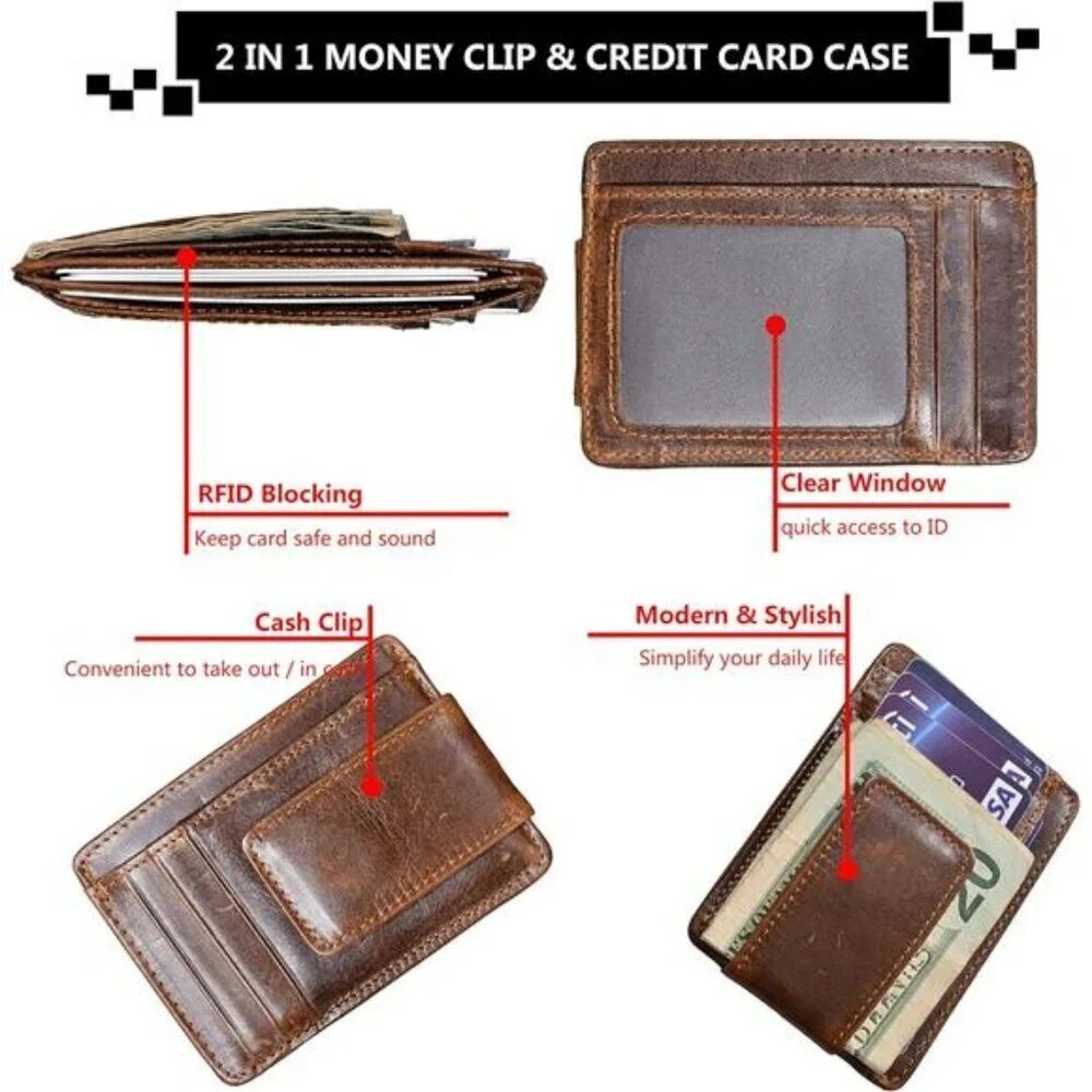 Money Clip RFID Front Pocket Wallet Men Leather Slim Minimalist Wallet Leather