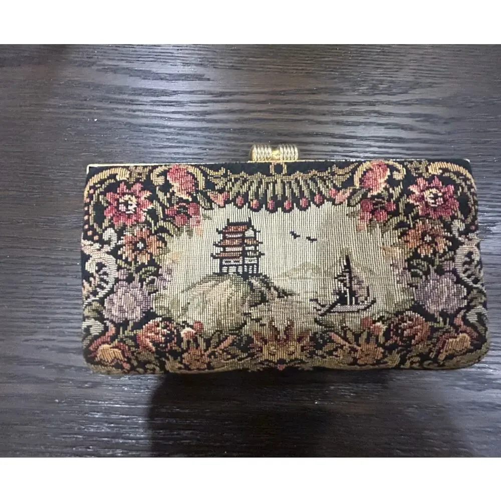 Vintage tapestry clutch asian /floral inspired exotic motif