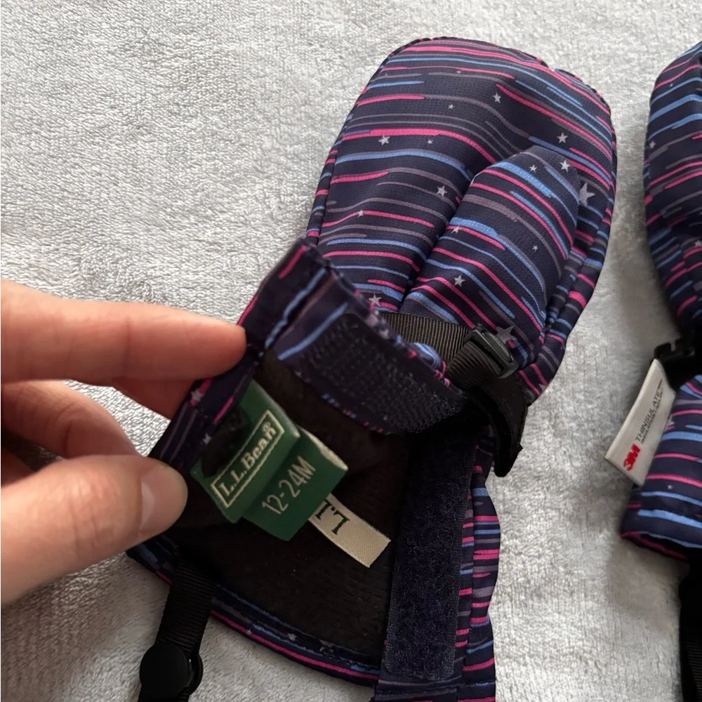 LL Bean Cold Buster Toddler Waterproof Mittens Blue/Pink Size 12-24M
