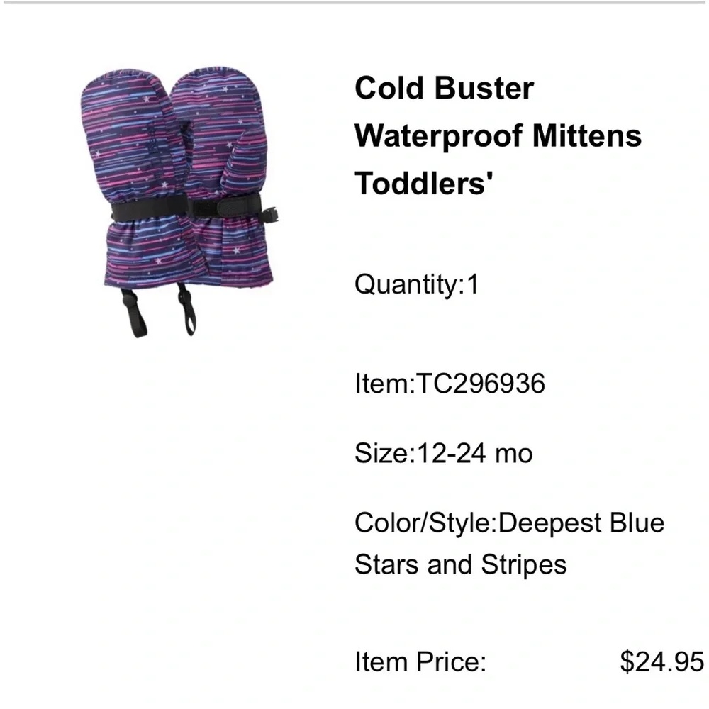 LL Bean Cold Buster Toddler Waterproof Mittens Blue/Pink Size 12-24M