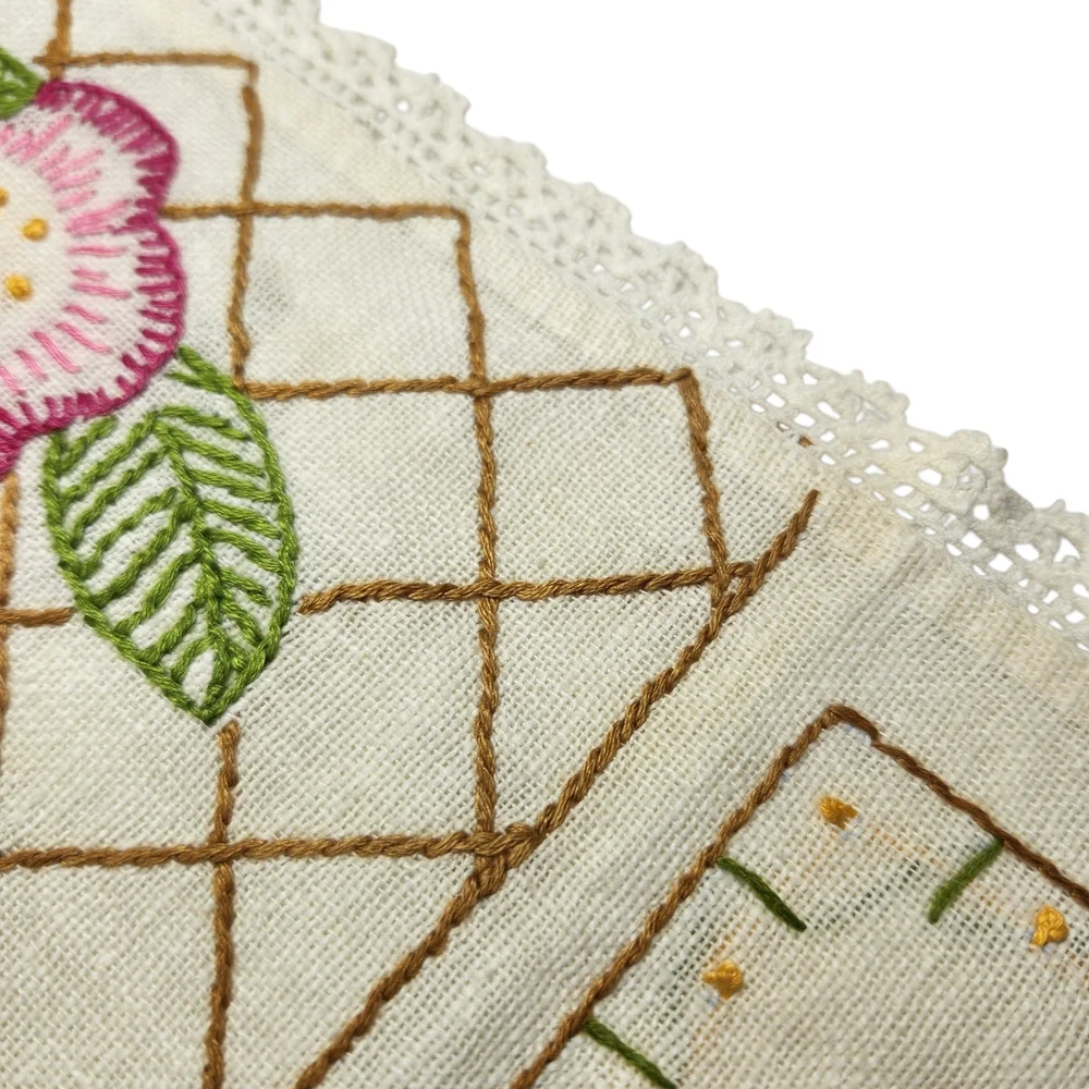 Vintage Hand-embroidered Linen Floral Table Runner Dresser Scarf 12