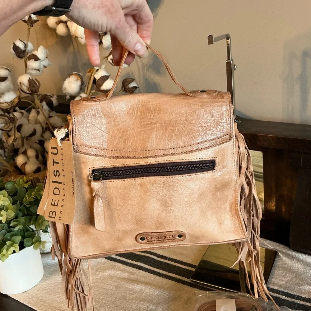 NWT Bed Stu Fringe Leather Hidden Crossbody Bag Handbag Tan DD  Retail $245