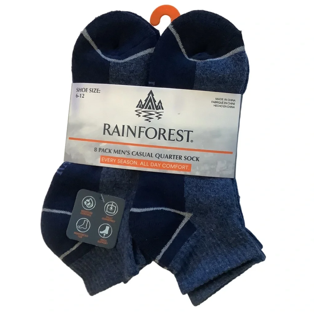 RAINFOREST Men’s Casual Quarter Socks Pack Of 8 New