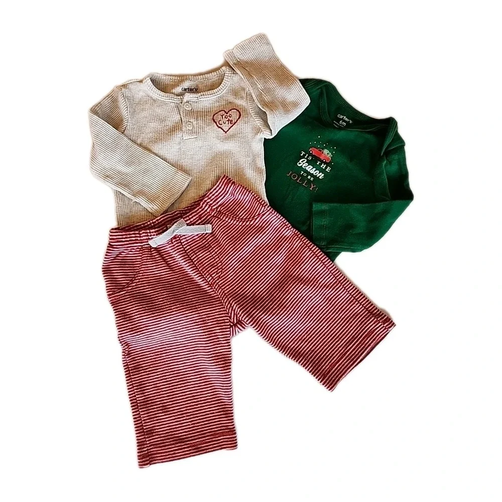 Carters 3-pc Holiday Winter Long Sleeve Bodysuits & Pant Set Baby Boy Sz 6 Mos
