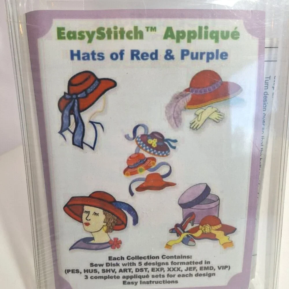 EasyStitch Applique Hats Of Red & Purple Collection Sew Disk 5x7 Embroidered Set