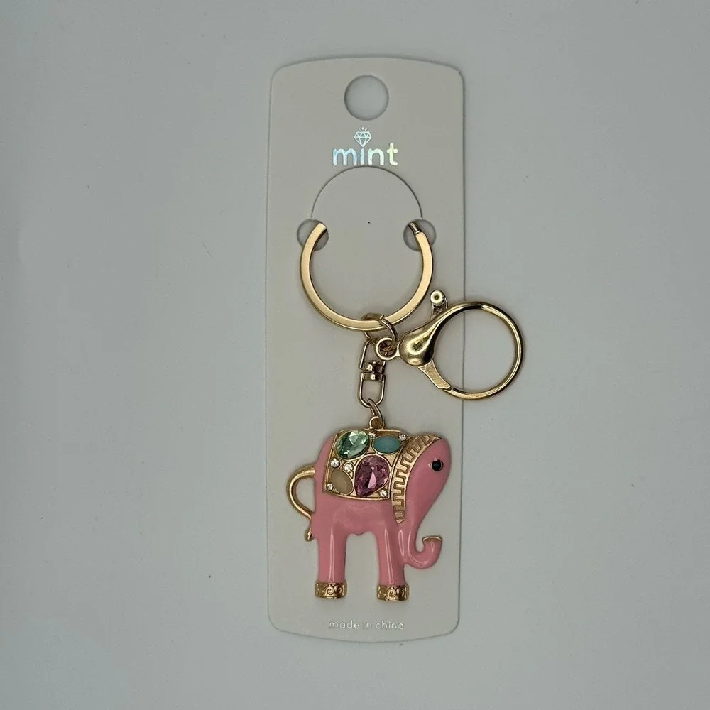 Pink Elephant Rhinestone Gold Keychain Purse Charm