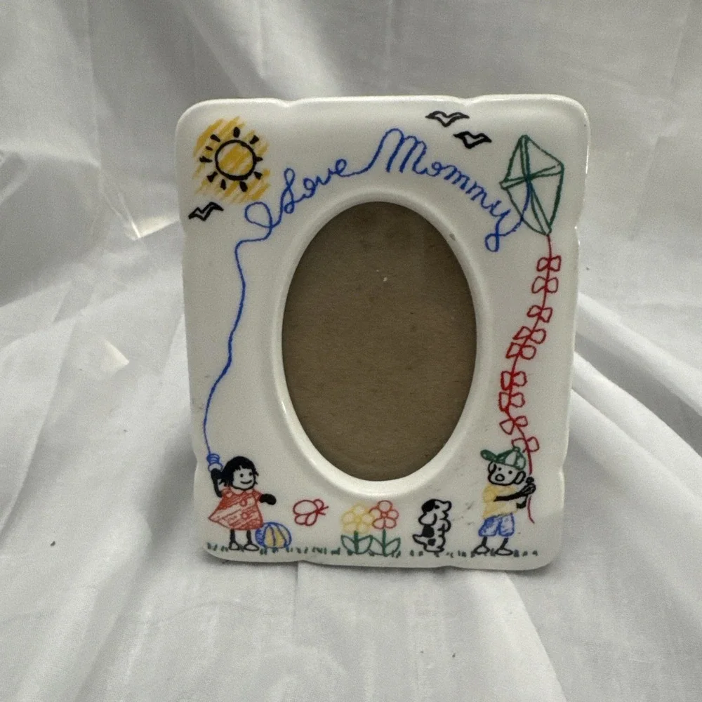 Vintage I Love Mommy Ceramic Picture Photo Frame 1988 Colorful Crayons Draw