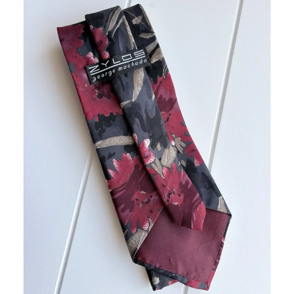 ZYLOS George Machado 100% Italian Silk Tie Abstract Watercolor Floral Red Black