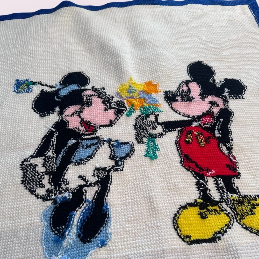 Vintage Handmade Mickey & Minnie Mouse Crochet Knit Blanket Throw Decor 40 x 47