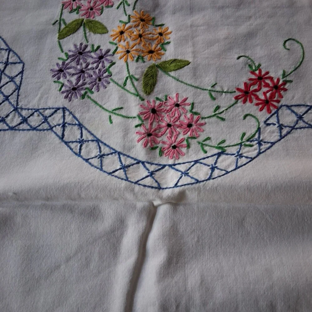 🌸 Vintage Floral Embroidered Tablecloth • Crochet Lace Edge • 54x58 Multicolor