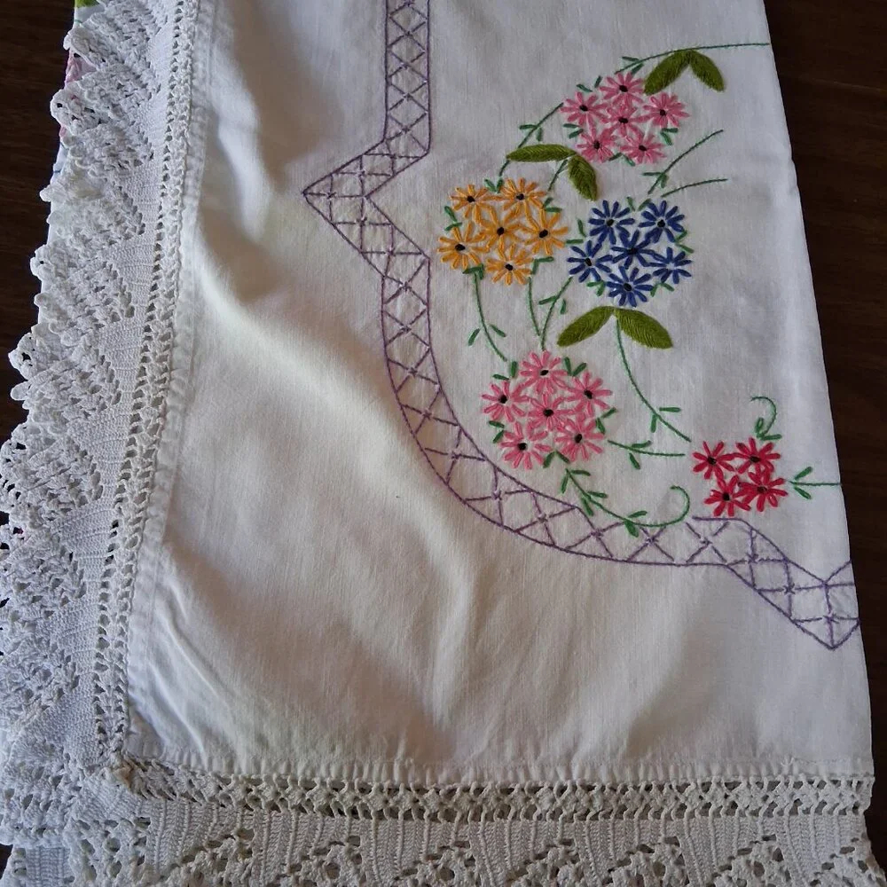 🌸 Vintage Floral Embroidered Tablecloth • Crochet Lace Edge • 54x58 Multicolor