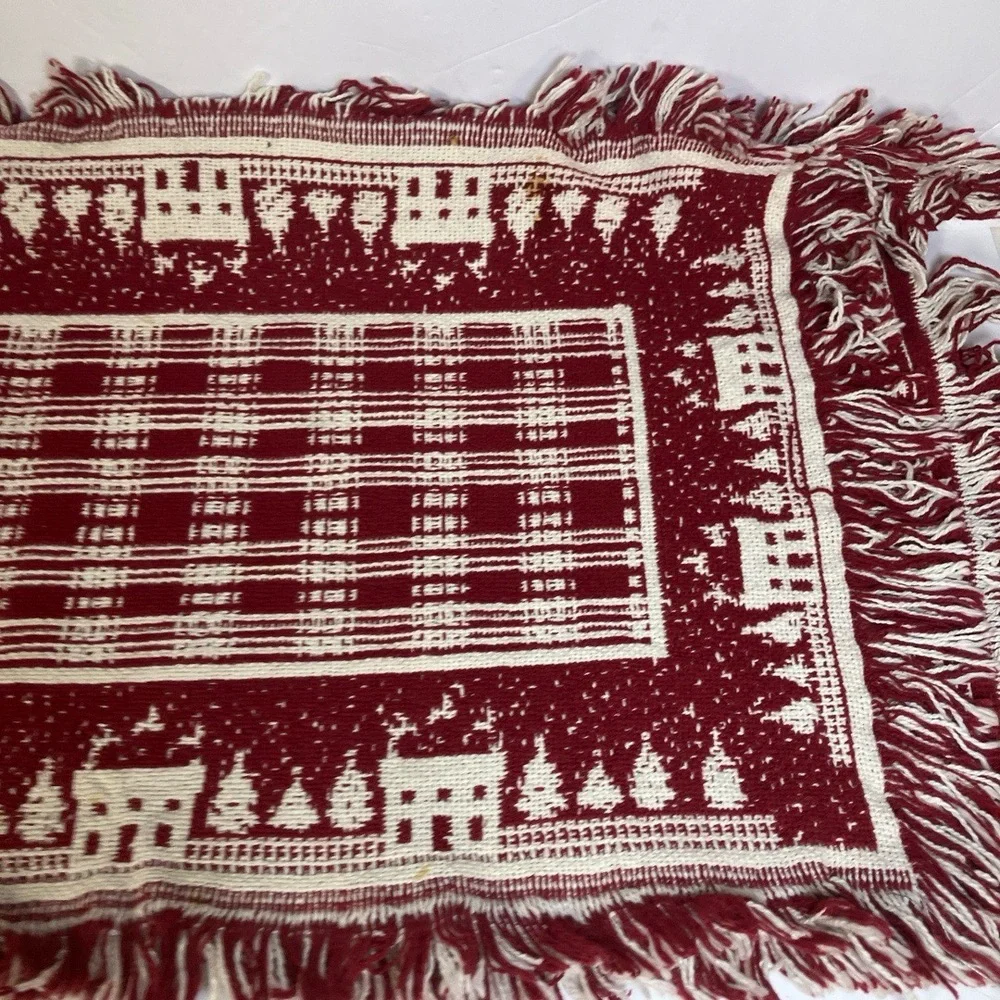 Crate Barrel table runner Red White Fringed House Tree‎ Motif Belgian Cottage
