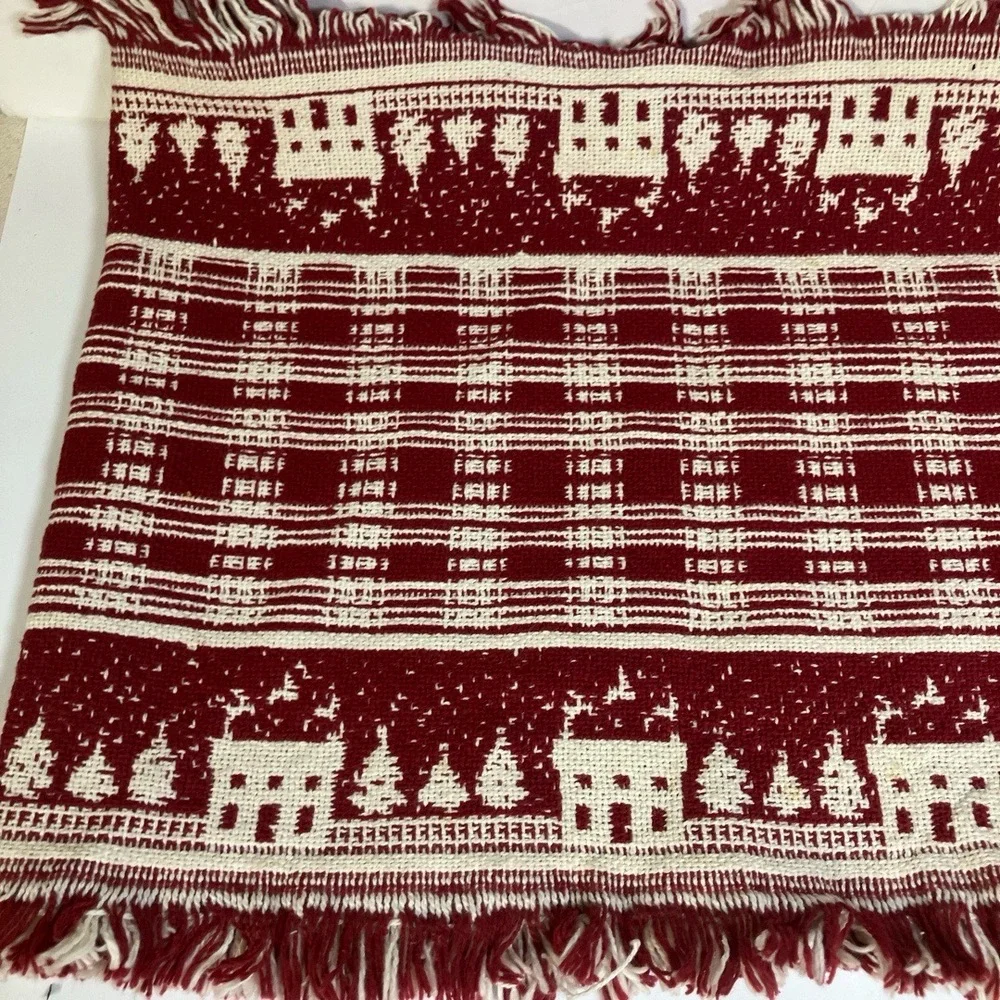 Crate Barrel table runner Red White Fringed House Tree‎ Motif Belgian Cottage