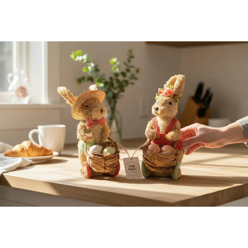 Primrose Vintage Easter Bunny Figurine Set Sisal Burlap 12