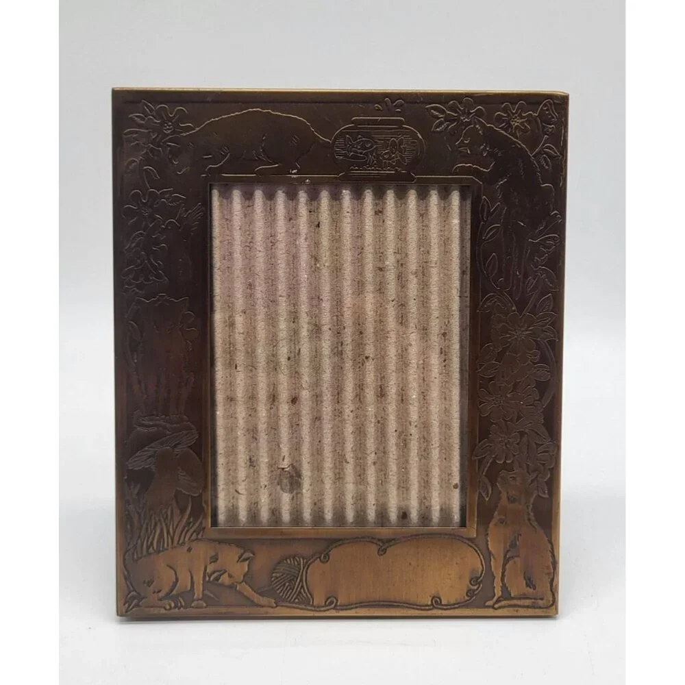 Vintage Brass Photo Frame Cats Mushrooms Floral Art Nouveau 3