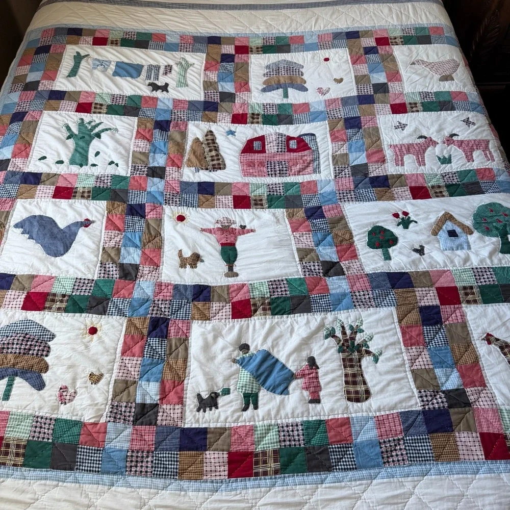 Vintage Appliqué Farm Scene Quilt 100” x 88” Patchwork Country Queen